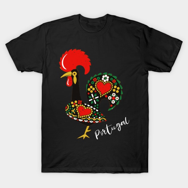 Galo de Barcelos Portuguese Rooster Design White Letters T-Shirt by merchlovers